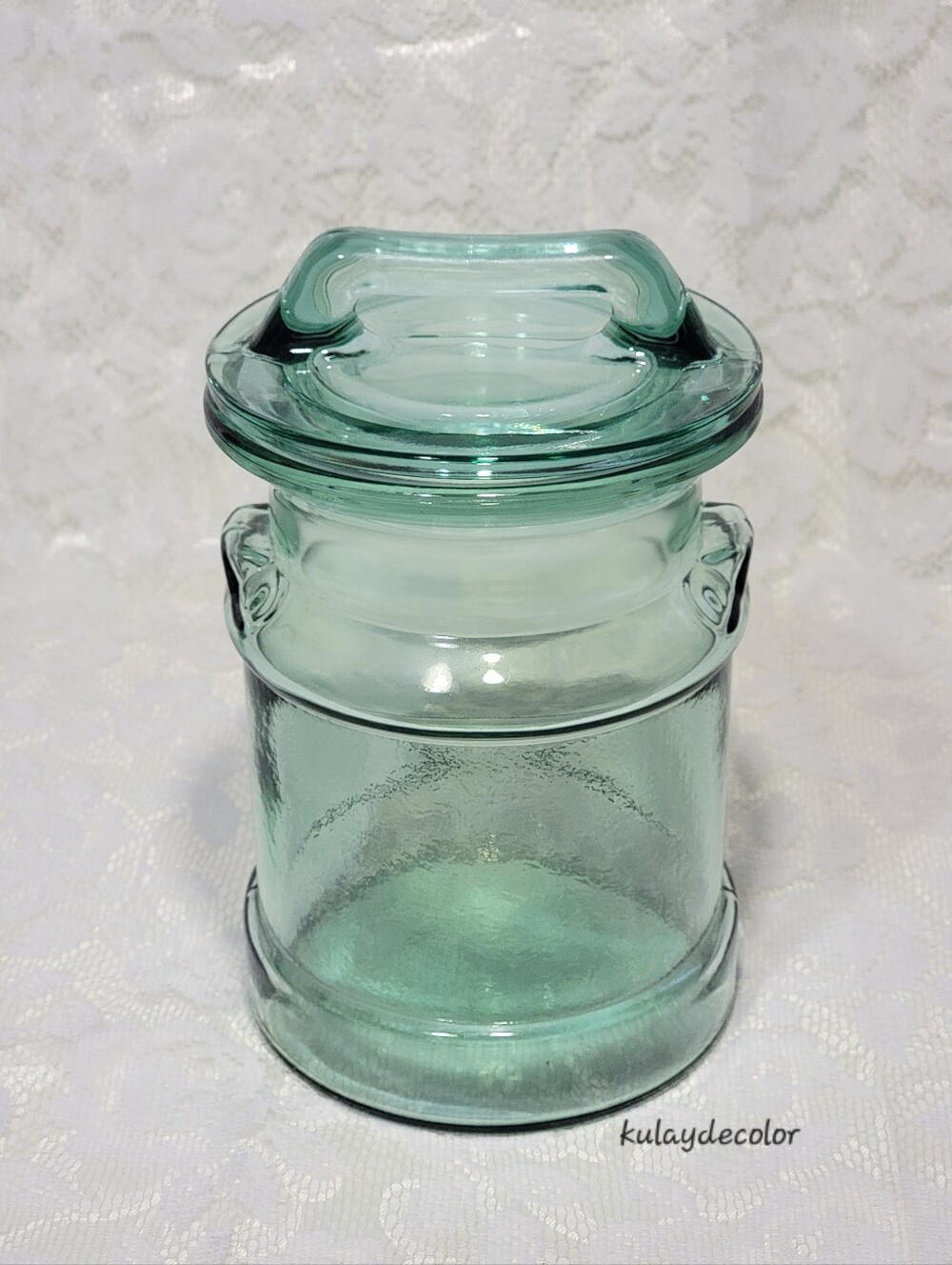 Vintage Green Glass Cookie Jar Canister Storage Jar w/ Lid Recycled Glass Style - Picture 2 of 16